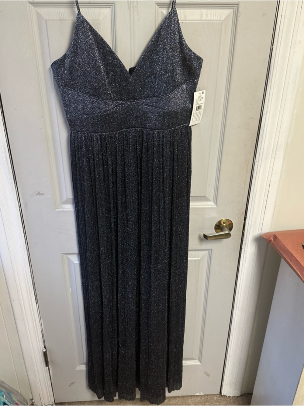 Aidan Mattox Teal Black Sparkle Pleated V-Neck Gown